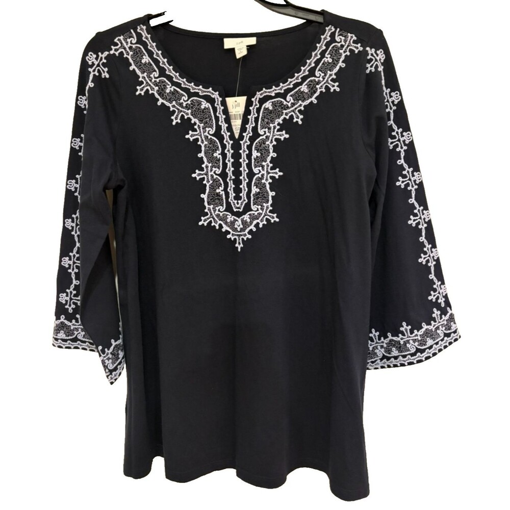 J Jill Women's Shirt SP Small Petite Long Sleeve Navy Blue Tunic Embroidered NWT